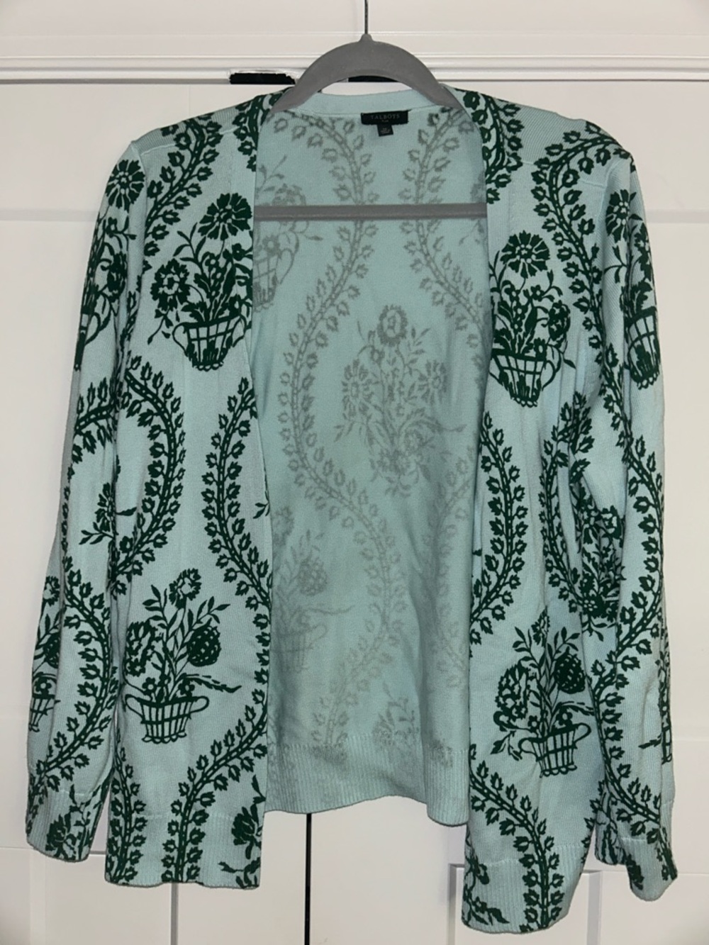 NWOT Talbots Mint Green Open-Front Cardigan with Dark Green Floral pattern